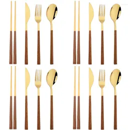 Set di stoviglie 12-16 pezzi Set in oro marrone Imitazione manico in legno Posate Bacchette Coltello Forchetta Cucchiaio Stoviglie Posate coreane