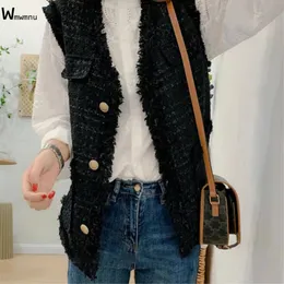 Kvinnors västar gilet blanc ärmlös tank topp koreansk knapp västmästare chalecos elegant para mujer vintage tweed tank topp ficka kvinnor jacka 230329