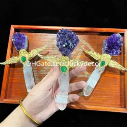 Clear Quartz Point Pyrite Amethyst Cluster Wand Crafts Natural Crystal Gemstone Angel Wings Ceremonial Altar Wiccan Ritual Divination Sacred Tools Magic Sceptre