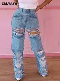 Dżinsy damskie CMYAYA Women moda rozerwana pusta frontowa kieszonkowa przód styl safari 2023 Summer Ins Street Denim Spodnie 230329