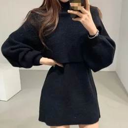 Two Piece Dress ABRINI Women Black Two-pieces Knitted Dress Sets outfits Fashion Thickened Pullovers and Dress Sets Women Winter 230329