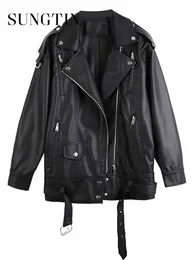 Women's Leather Faux Leather Sungtin Black PU Leather Jacket Women's with Ultrafine Belt Korea Loose Fit Motorcycle Artificial Leather Jacket Fashion 230329