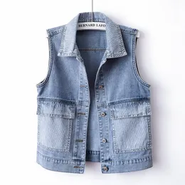 Kvinnors västar vintage blå randpanel Stor pocket denim tank top kvinnors ultra tunna korta midja kappa denim ärmlös jacka koreanska jeans tank top kvinnor 230329