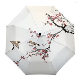 Paraplyer plommonblomma fågel kinesisk stil kreativ paraply regn kvinnor automatisk trepoende vindtät parasol parapluie