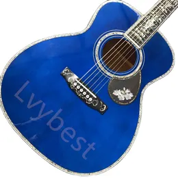 Lvybest Custom 45 OM Water Wave Top Acoustic Electric Guitar Customized Pickguard Full Abalone Binding 45OM Style in Blau