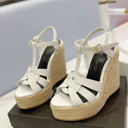 Tribute Dokuma Espadrille Sandaletler Kama platformu topuklu ayakkabılar Kare burunlu ayakkabılar kadın lüks tasarımcıların deri dış taban gece ayakkabıları 125mm fabrika ayakkabısı