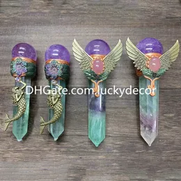 Crystal Scepter Gift for Men and Women Amethyst Sphere Fluorite Point Magical Healing Wand Handmade Natural Rose Quartz Gemstone Mermaid Angel Wing Staff Sceptre