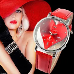 Armbandsur 2023 Kvinnor Womage Brand Watch Red Heart Design Watches Fashion Leather Wristwatch Female Saat Relojes Relogio Feminino Montre