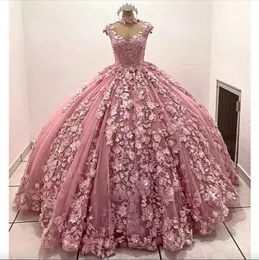 Pescoço alto rosa quinceanera vestidos manga de tampa de renda flor mexicana d vestidos doces florais vestidos de saia puffy