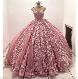 Abiti per quinceanera rosa al collo alto con cappuccio fiore in pizzo messicano d floreali abiti dolci gonfie vestidos anos