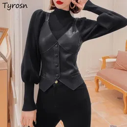 Women's Vests Women's Design PU Street Clothing Ultrathin V-neck Solid Black Korean Full Matching Sleeveless Button Belt Women's Thermal Insulation 230329