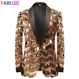 Men's Suits Blazers Mens Luxury Wave Striped Gold Sequin Blazer Jacket Shawl Lapel One Button Shiny Wedding Party Suit Jackets Dinner Tuxedo Blazer 230329