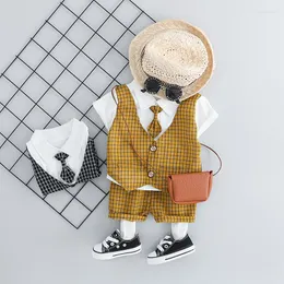 Clothing Sets HYLKIDHUOSE 2023 Summer Toddler Infant Baby Boys Clothes Suits Plaid Vest Shirt Shorts Kids Children Costume1