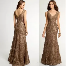 Elegante pizzo Lungo Madre della sposa Abiti da sposa Sinsele a V-Neck Brown Appliqued Appliqued Perline Mermaid Personali