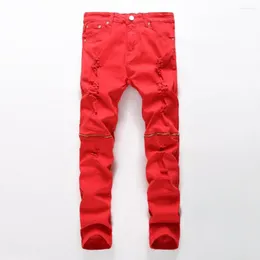 Men's Jeans Fashion Men Ripped Designer Pants Slim Fit Knee Zipper Red Club Wear Bright Color Denim Jogger Plus Size 42