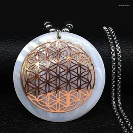Pendant Necklaces Flower Of Life Shell Stainless Steel Chain Necklace Women Rose Gold Color Long Big Statement Jewelry Colgante N20090S07