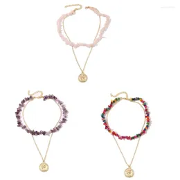 Colares pendentes de cascalho colorido de cascalho redonda de dupla camada natural colar de temperamento Chain Clavicle Chain