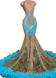 2023 Arabiska aso ebi lyxig sjöjungfru prom klänning pärlstav kristaller fjäder afton formell parti andra mottagning födelsedag engagemang klänningar klänningar mantel de soiree