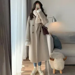 Women's Wool & Blends Winter Women Beige Thicken Long Coat Double Breasted Elegant Loose Maxi Woolen Overcoat Outerwear Female Warm ClothesW