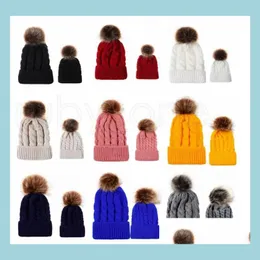 パーティーハットポンポムボールニット帽子冬の暖かい女性親子編みキャップツイストニットビーニー模倣ブレードヘアウールキャップ9sty dh9xb