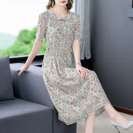 Casual Dresses Summer Floral Natural Silk Polo Collar Midi Dress Women Boho Fashion Light Beach Dress Korean Elegant Bodycon Party Dress 230329