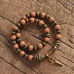 Strand två rad rudraksha frö ebenholts utrymme stretch armband mässing metall hälsa lyckliga smycken för män kvinnor presentföremål vänner