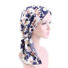 2023 Womens muçulmano hijab câncer quimioterapia estampa de flor de tampa de turbante tampa de cabelo lenço de cabeça de cabeça de cabelo encaixe pré-amarrado estrech bandana
