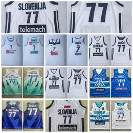 Slovenya Basketbol 7 Luka Doncic Jersey 77 EuroLeague Euroleague Milli Takım Koleji Nakış ve Dikiş Üniversitesi Takımı Mavi Beyaz Renk Nefes Alabilir Spor