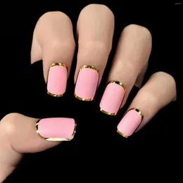 False Nails Gold Metallic Arround Pink Matte Press On Square Short Fake For Daily Wear Natural Shape Designed Tips 24 CT