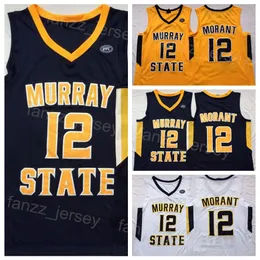 Murray State Racers College Ja Morant Jersey 12 Basketbol Üniversitesi Lacivert Beyaz Sarı Takım Renk Spor Hayranları İçin Tüm Dikişler Gömlek Nefes Alabilir NCAA