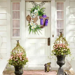 装飾的な花の花輪イースター木製ガーランド18 "玄関のためのレイタンの装飾ウェルカムサイン素朴な休日D G4I2 P230310