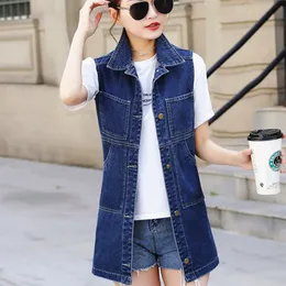 Kvinnors västar Autumn Women's Long Denim Tank Top Coat 6xl Korean Tassel Tear Jeans Jacket Coat Women's Casual ärmlös kappa 230329