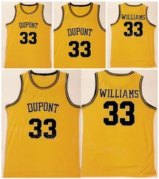 Maglia da basket Dupont College Jason Williams 33 Maglia da università della scuola superiore Tutta cucita Colore della squadra Giallo Per gli appassionati di sport Puro cotone traspirante Uomo NCAA