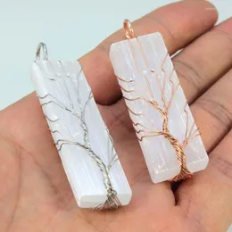 Colares pendentes Kft Natural Selenite Healing Quartz Crystal Copper Wire embrulhado Tree of Life Color White Color Chain Colar