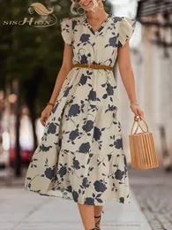 Casual Dresses Sishion Spring Summer Casual Floral Printed V-hals Mid-Calf Dress for Women Without Belt VD3816 230329