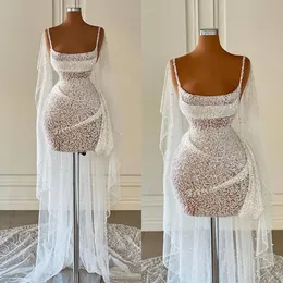 Sexig fest Mini-förklänning med pärlor Shawl Sleave New Cute Slip Lllusion Spets ärmlösa prom Bridal klänningar Robes de Mariee