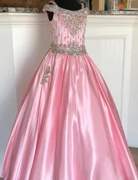 Little Miss Pageant -jurk voor tieners Juniors Toddlers 2021 Beading Abstones Crystal Pink Satin Long Girls Prom Gown Formal Party R9501738