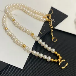 Designer Brand Letter Pendant Necklace Chain Women Never Fading Real Gold Plated Brass Copper Natural Pearl Necklaces Choker Pendants Wedding Jewelry Love Gifts