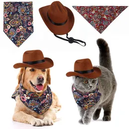 Dog Apparel Pet Hat Western Cowboy Retro Universal Printed Triangle Scarf Year Party Streetwear Funny Accessories