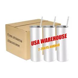 US-Lager 20 Unzen Tassen Wasserflaschen Strohbecher Sublimationsrohlinge Weißer Edelstahl Auto Tragbare Kaffee-Teetassen DIY-Druck