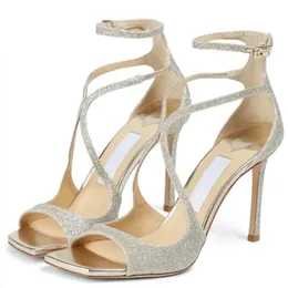 Modekvinnor Pumpar sammanfattar London Azia 95 Sandaler i patentläder Italien Klassiska fyrkantiga tår Cross Ankle Sling Design Evening Dress Gift High Heels Sandal Box EU 35-43