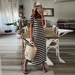 Shiying Split Long Dress Women's 2023 Summer New Stripe Short Sleeve Slim Dress