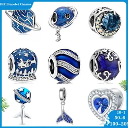 925 سحر Siver Beads for Charm Bracelets Designer for Women Blue Planet Heart Charm Fit Original