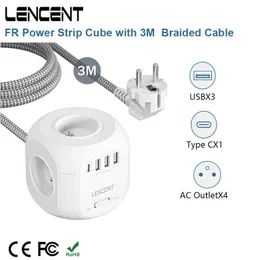 Soketler lencent fr şerit küpü con 4 tomas de corriente ac 3 puertos usb 1 Tipo C 3m kablo Trenzado Adaptador de Corriente Mltiple Con Kesme Para El Hogar Z0327