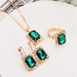 Necklace Earrings Set 3pcs/set Bridal Wedding Crystal Square Pendant Earring Ring Fashion For Party Glass Jewelry