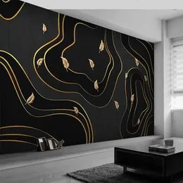 壁紙カスタムポーの壁紙モダンミニマリスト抽象ライン3Dゴールデンリーフジオメトリ壁画PVC自己粘着防水壁ステッカー