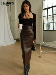 Skirts Lautaro Spring Autumn Soft Brown Faux Leather Maxi Skirt Women with Back Slit High Waist Long Luxury Elegant Office Clothes 230329