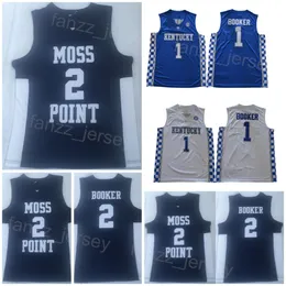 Moss Point High School Basketball 2 Devin Booker Jersey 1 Kentucky Wildcats College University Shirt for Sport Fans andningsbara sömnad Navy Blue White Men NCAA