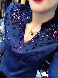 여성용 블라우스 기질 파란색 v- 넥 긴 소매 블루스 페미나 나스 패션 모조 다이아몬드 바닥 셔츠 다목적 슬리밍 탑 Mujer