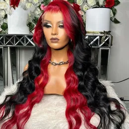 34 Zoll Perivian HD Lace Front Wig Red Ombre Black Body Wave Lace Frontal Perücke Colored Highlight Wig Synthetic Preplucked